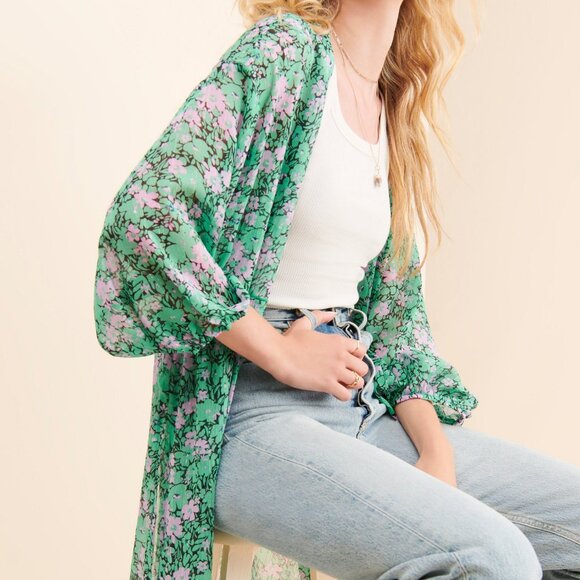 Anthropologie Muche Et Muchette M-L Green Floral Ruffled Duster Kimono Cover Up - Picture 3 of 12